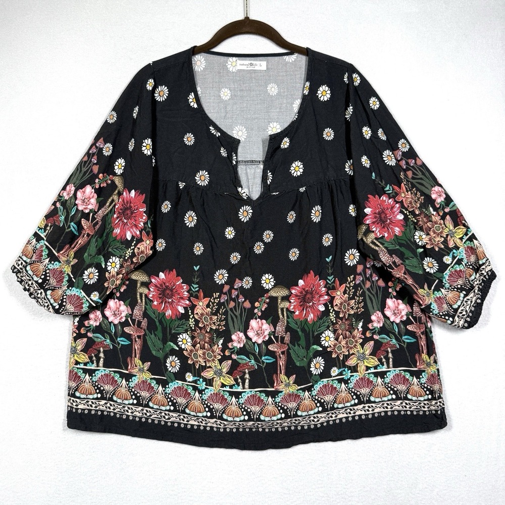 Natural Life Top Womens Large Mushroom Print Maribel Balloon Sleeve Boho Hippie